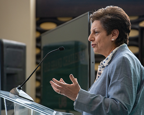 From side, Dr. Mona Fouad, MD (Professor/Senior Associate Dean, Preventive Medicine) is speaking at podium after being announced the winnter at the 2019 UAB Grand Challenge Award Announcement in the Hill Student Center, Performance Lounge on April 30, 2019.