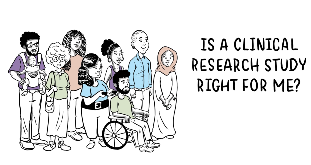 Diverse group of people cartoon asking the question, "Is a clinical research study right for me?"