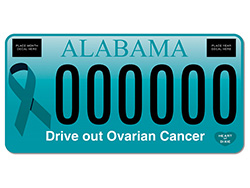 Teal car tag for Drive out Ovarian Cancer