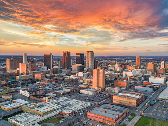 Birmingham skyline at sunset