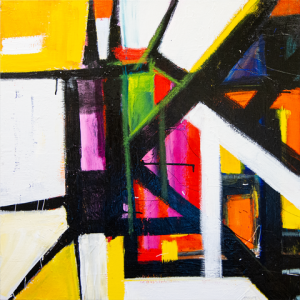 Abstract artwork with yellow, black, white, green, pink, orange, and red