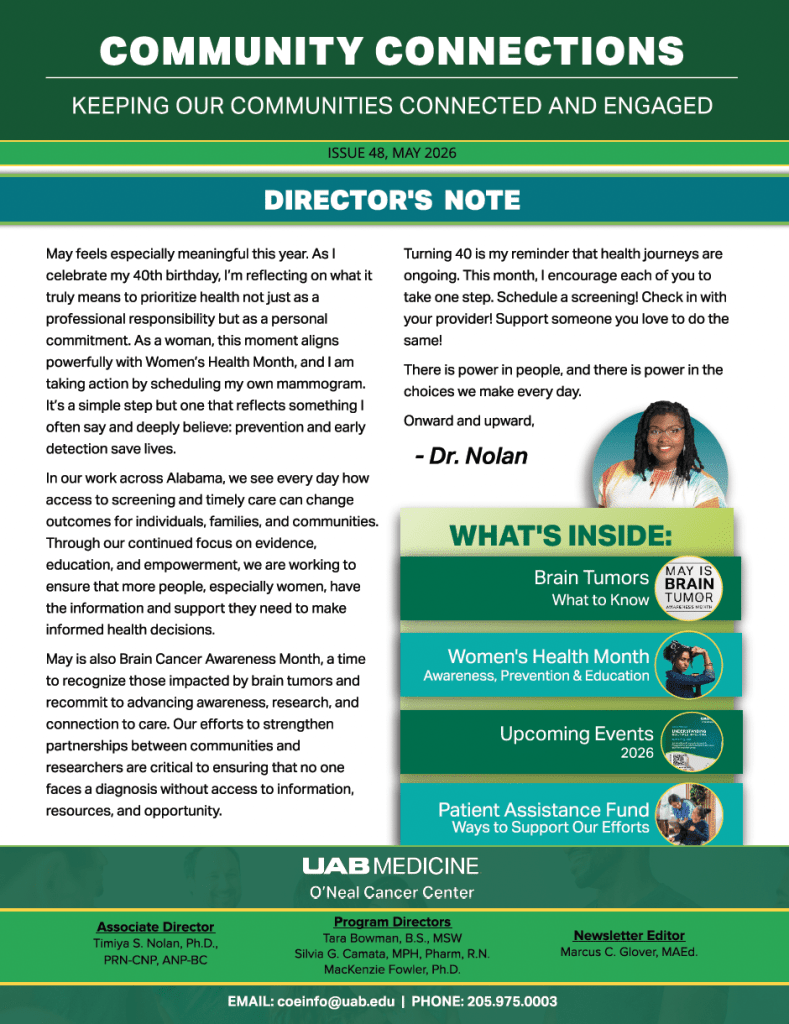 O'Neal Comprehensive Cancer Center Community Connections May 2026 Newsletter
