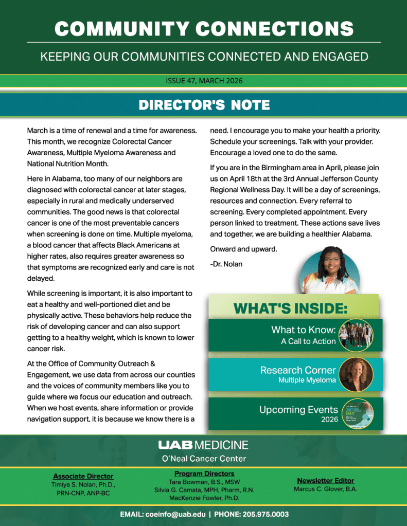 O'Neal Comprehensive Cancer Center Community Connections Newsletter March 2026 Issue Cover