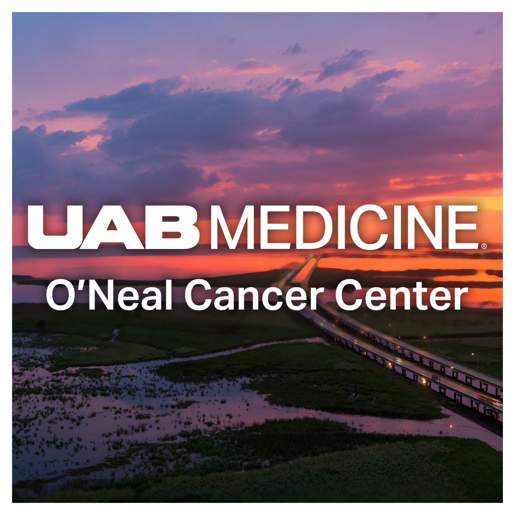 A photo of the Alabama Gulf Coast at dusk, with the O'Neal Cancer Center logo super imposed over the sunset.
